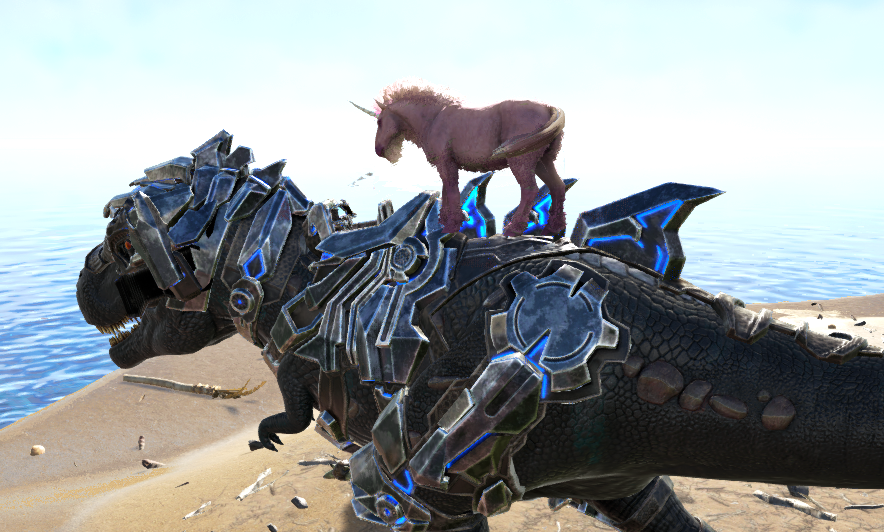 Pink Fluffy Unicorn standing on Tek-Rex