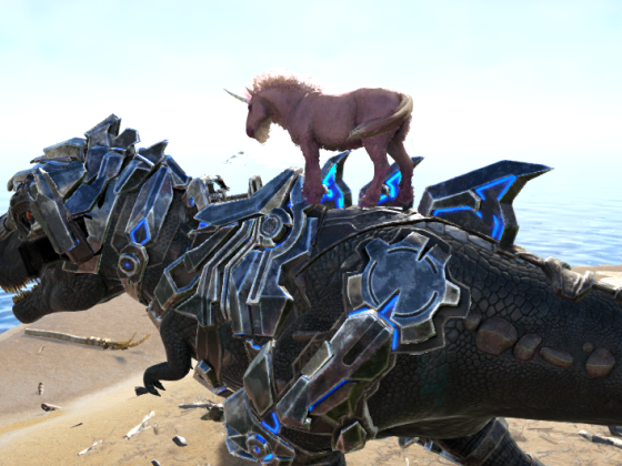 Pink Fluffy Unicorn standing on Tek-Rex